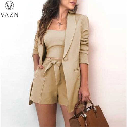VAZN 2021 Hot High-end Plus Size Office Lady Sweet Energy Short Pant Full Sleeve Suits Young 1 Piece Underwear Women 3 Piece Set