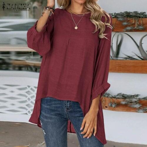 ZANZEA Women Asymmetrical Shirt Oversized Elegant Blouse Autumn 3/4 Sleeve Tunic Tops Vintage Loose Solid Blusas Casual Chemise