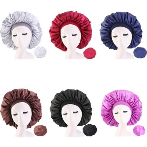Women Satin Bonnet Hair Cap Sleep Night Cap Wide Band Head Cover Hat Beanies Skullies For Curly Springy Hair Styling Accessories
