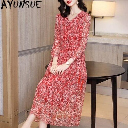 AYUNSUE 2020 100% Real Silk Dress Women Spring Summer Beach Long Dress Elegant V Neck High Quality Vestidos A20C6117AGF KJ4366