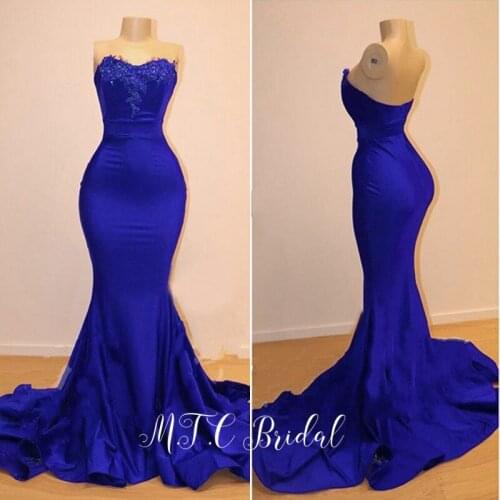 Vestido De Festa 2019 Mermaid Royal Blue Evening Dress Strapless Elastic Satin Appliques Long Formal Occasion Women Dresses