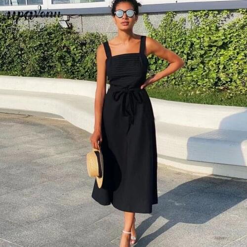 Free Shipping Black Elegant Strap Midi Dress 2021 Summer New Womens High Waist Lace A-line Dress Vacation Evening Party Vestido