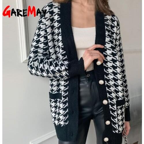 Winter Cardigans for Women 2021 Knitted Warm Vintage V-neck Sweater Autumn Print Loose Plaid Black Long Oversize Cardigan