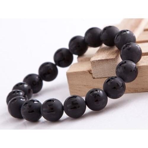 10mm Black Chalcedony dull-Polish Beads OM MANI PADME HUM Tibetan Buddhism Bracelet
