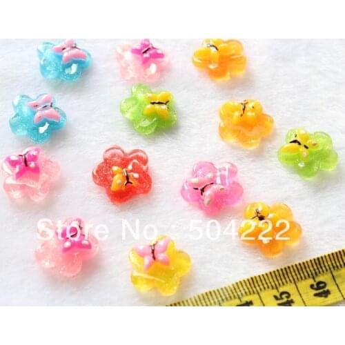 250pcs Resin Flatback Cute glitter hand paint butterfly flower cabochon Cabs -DIY scrapbook, hair bow and flower centers
