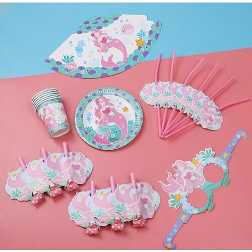 36Pcs/Set Mermaid Birthday Party Decoration Plate Cup Paper Glasses Happy Birthday Party Decoration For Kids ww65