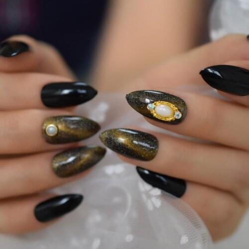 3D Gems Cat Eyes Effect Gold Stiletto False Nails Press on Nails Art Tips Full Cover Chameleon Manicure Fake Nail Tips 24pcs set