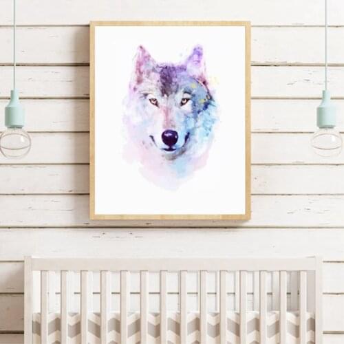 Wolf Print Watercolor Poster Kids Room Wall Decor , Nursery Woodland Animal Wolf Wall Art Picture Decoration Canvas Painting