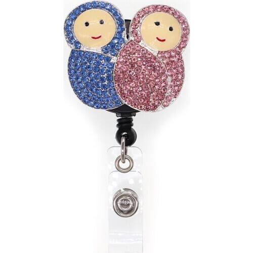 Free Shipping Two Cute Babies Rhinestone Retractable Id Badge Holder Reel