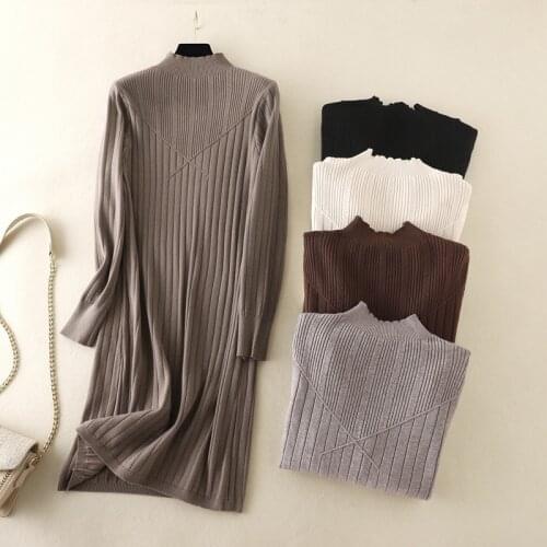 HLBCBG Chic Long Knit Maxi Women Sweater Dress Thick Warm Winter Pleated Dress Female Rib Turtleneck A Line Dress Office Lady