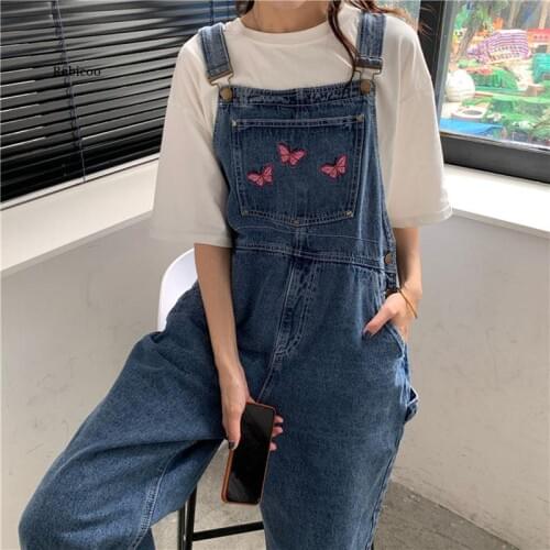 Oversize Jeans for Women Vintage Wash Denim Jumpsuit Loose Large Pocket Rompers Cute Butterfly Embroidery Overalls