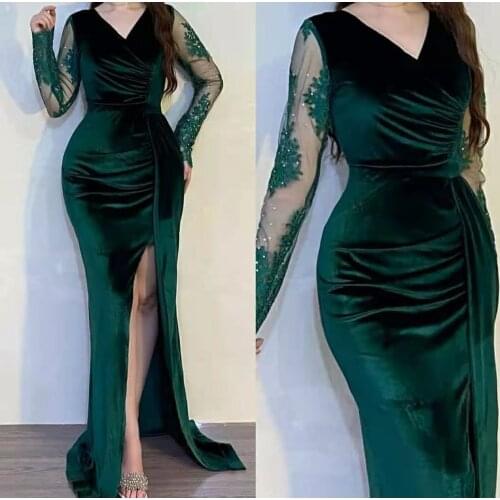 Elegant Long Sleeve Mermaid Lace Evening Dresses with Slit Floor Length Zipper Arabic Abendkleider Formal Party Dress for Women