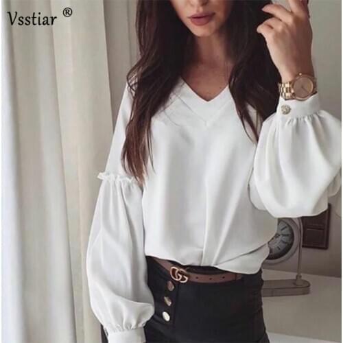 Lantern Sleeve Elegant Women Shirts Sexy V Neck Office Work Ladies Tops 2021 Fashion Solid Patchwork Oversized Blouse