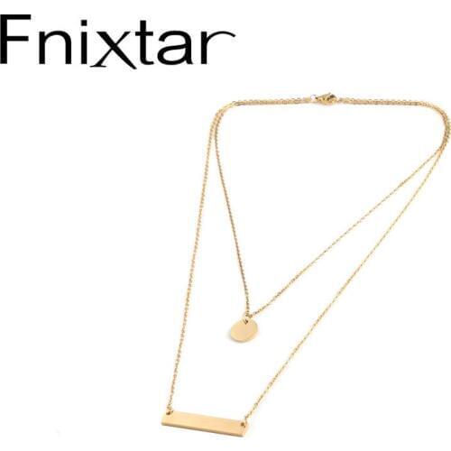 Fnixtar Double Layer Round Discs Bar Necklace Stainless Steel DIY Engrave Custom Name Necklace 5Piece/lot