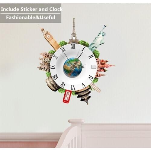 Places of Interest Novelty Self Adhesive Wall Clock Fancy Watch Horloge 3D Stickers Livingroom Sofa Background Home Decor Clock
