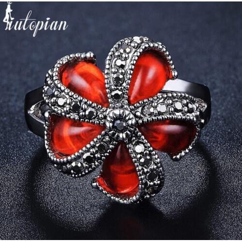 Iutopian New Arrival Unique Design Women Green/Red/Black Crystal Finger Ring Imperial Flower Vintage Jewelry #T3510red