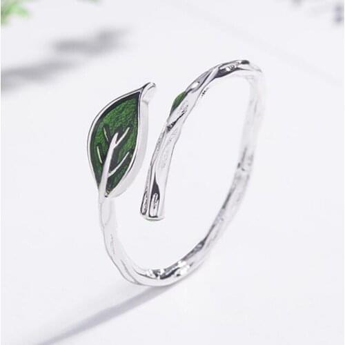 Women Small Fresh Branch Leaf Rings Simple Cute Green Leaves Buds Adjustable Open Rings Women Girls Fashion Jewelry Gifts