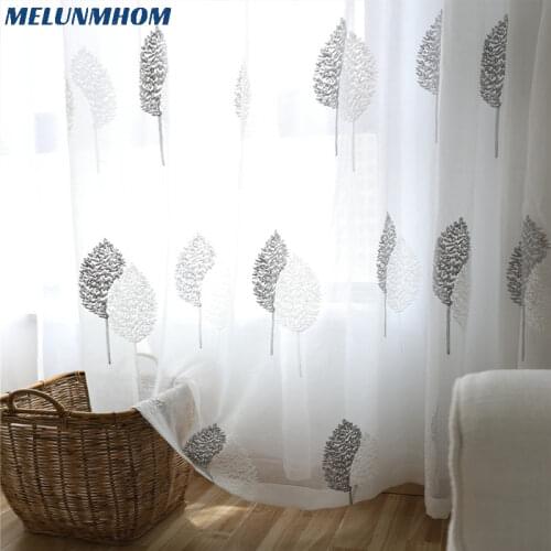 Korean Curtains Finished Bedroom Living Room Window Balcony Floor White Gray Tulle Embroidered Leaves Sheer Window Screen Drape