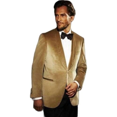 Handsome Gold Velvet Groom Tuxedos Shawl Collar Mens Toast Dress Work Business Suits (Jacket+Pants+Bow Tie) W:221