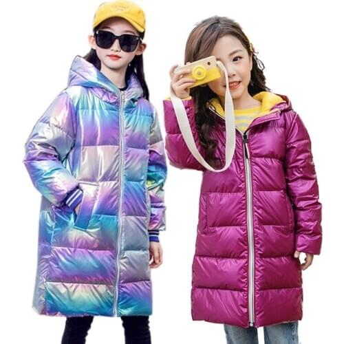 Fashion Shiny Girls Long Outerwear Hooded Thick Coat White Duck Down Kids Jakcet For Boys Girl Parka 4-16Yrs Children Outerwear