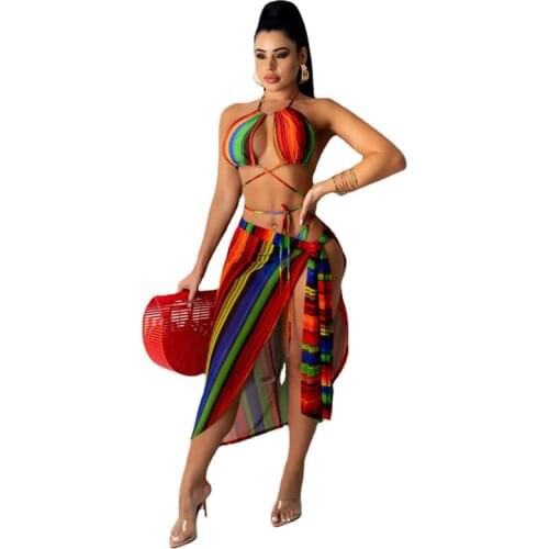 Summer Beach Sexy 3 Piece Set Women Summer Striped Bikini Halter Top and Midi Dress Set Swimwear Club Outfits for Women Clothing
