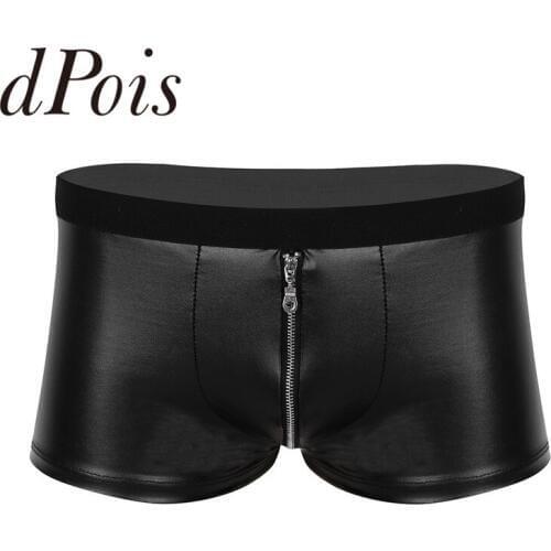 Mens Wet Look Faux Leather Zipper Bulge Pouch Low Rise Boxer Briefs Shorts Underwear Underpants Mens Panties
