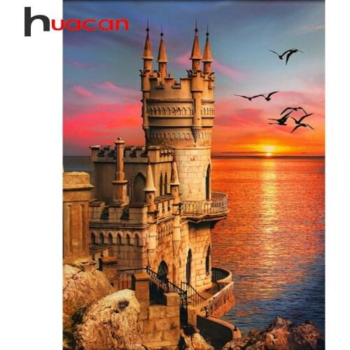 Huacan 5d DIY Diamond Embroidery Kit Building Seaside Diamond Painting Full Square/Round Mosaic Tower Sunset Landscape Puzzle