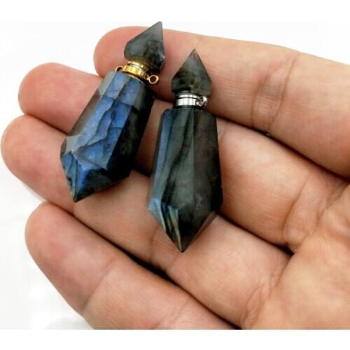 Natural Labradorite Perfume bottle Pendant Shiny Stone oils diffuser Gems vial Fashion Faceted Point Prism Charm for necklace