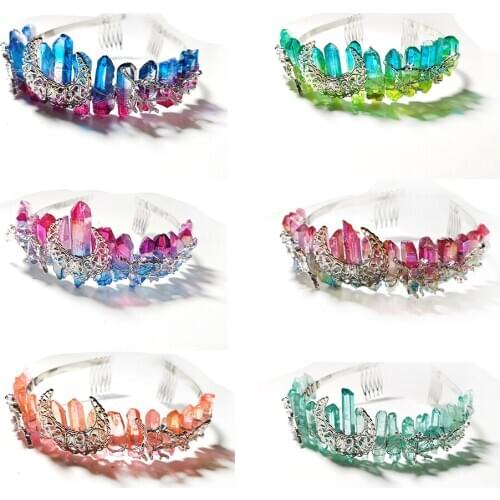 Natural Romantic Angel Aura Titanium Quartz Moon Branches Crown Wicca Witch Hair Band Bridal Headwear Party HealCrystal Stone