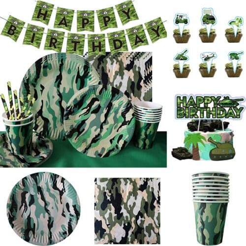 Disposable Camouflage paper tableware Army Tank Cannon Paper Cup Plate Baby Shower Boy Birthday Christmas Set Supplies