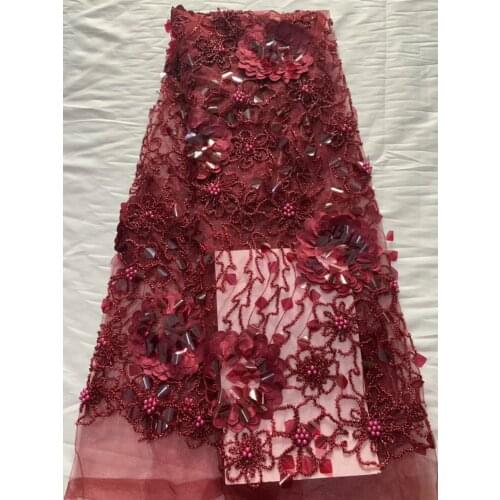 Popular Sequined Lace Fabric, Tulle Lace Embroidered Fabric For Ladies, High Quality African Lace Burgundy CD2906
