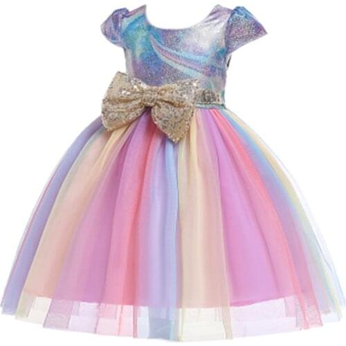 Pre-sell Girls Summer Dress Colorful Round-Neck Short Sleeves Bow Pleated Hemline 2-10 Years
