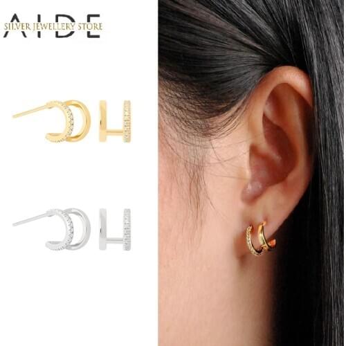 AIDE Minimalism INS 925 Sterling Silver Stud Earrings for Women Double Glossy & Zircon Pave C Shaped Pierced Earings kolczyki