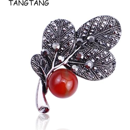 Antiquer Black / Rhodium Pating Plant Tree Brooch Pin With Red Nature Stone / Grey Simulated Pearl Rhinestone Crystal Jewelry