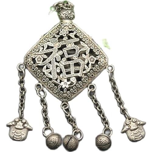 Tibetan silver Old Feng Shui Hollow out Engraving Fu Shou sachet Pendant