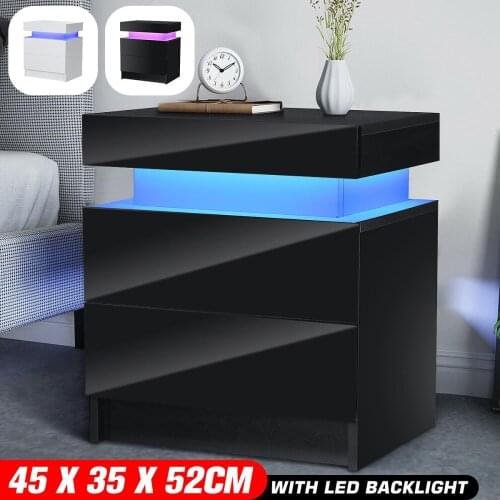 LED Light Nightstand High Gloss Coffee Table Small Magazine Drawer Organizer Cabinet Storage Bed Side Table Bedroom Furniture