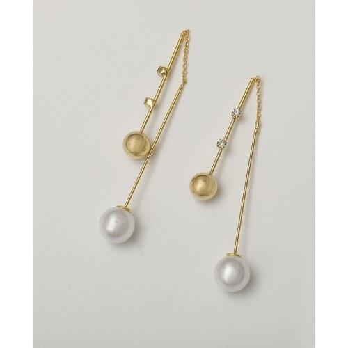 SRCOI Fashion Imitation Pearl Metallic Double Ball Long Threader Earrings For Women Party Wedding Thin Lines Chain Drop Earrings