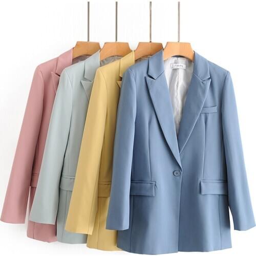 Women Wear Single Button Basic Blazer Coat 2020 Fashion Autumn Vintage Office Ladies Long Sleeve Pockets Outerwear Female Tops