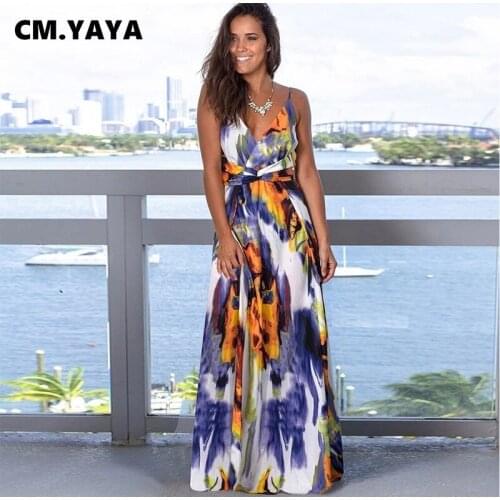 Lemon Gina Women Long Dress Print Sleeveless Strap V-neck Backless Loose Maxi Dresses Vintage Elegant Vestidos Summer Outfits