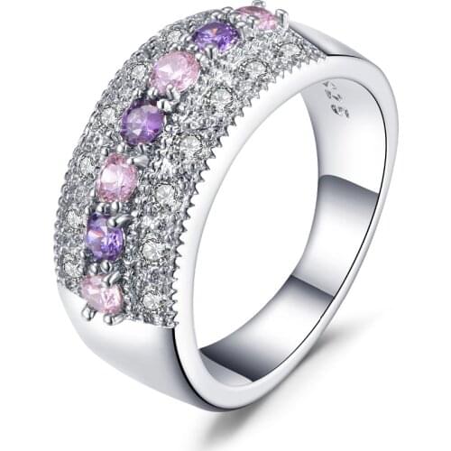 Luxury 925 Sterling Silver Ring Pink Crystal Zircon Ring For Woman Wedding Jewelry Gift