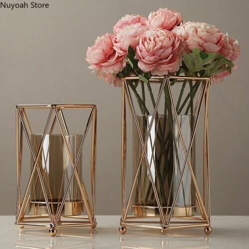 Golden Wrought Iron Glass Vase Modern Dried Flower Flower Arrangement Accessories Nordic Living Room Home Decoration Ornaments