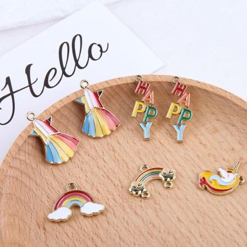 10pcs/pack HAPPY Word Rainbow Horse Star Meteor Enamel Charms Jewelry Earring Bracelets DIY Pendant Jewelry Making Golden Base