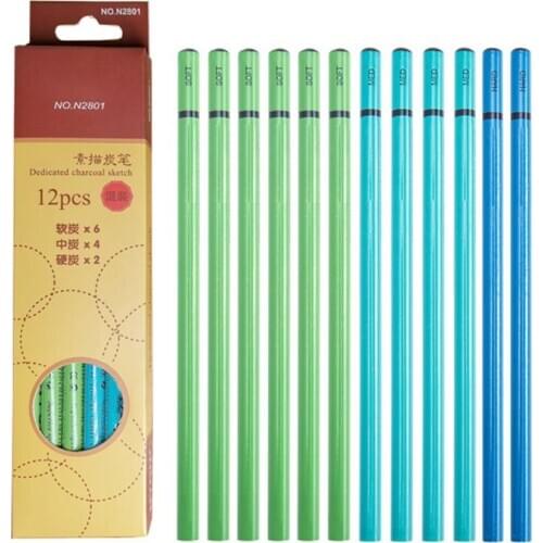 12pcs Professional Sketching Charcoal Pencil Drawing Carbon Pen Soft Medium Hard