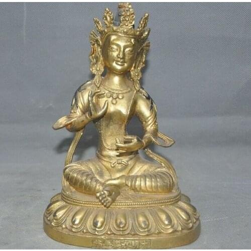 8" Tibet Buddhism bronze Gilt green Tara Kwan-yin guanyin goddess Buddha statue