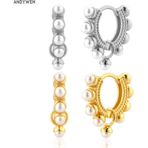ANDYWEN 925 Sterling Silver Pearl Hoops Piercing Round Small Circle Earring 2020 Rock Punk Luxury Pendiente Piercing Jewelry