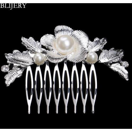 BLIJERY Pretty Wedding Hair Accessories for Women White Flower Crystal Pearl Bridal Hair Combs Wedding Hair Jewelry