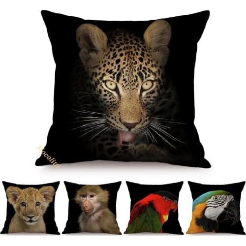 Black Animals Portrait Style Sofa Decoration Pillow Case Grassland Little Lion Leopard Parrot Linen Square Cushion Cover Cojines