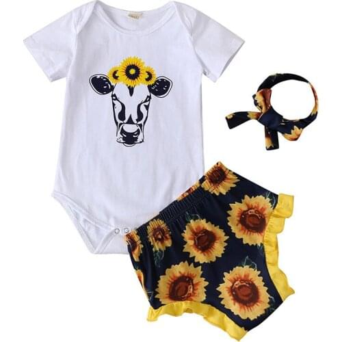 Sunflowers Baby Girls Clothes Sets Summer Romper + Shorts + Headband Kit Quality Cotton Toddler Outfit Kids Childrens Clothes