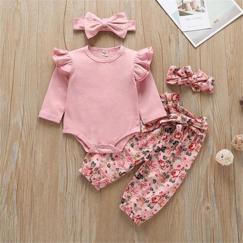Baby Cute Sweet Infant Baby Boy Girl Floral Clothes Long Sleeve Triangle Romper Jumpsuit Flower Tops+Pants Autumn Spring Suits