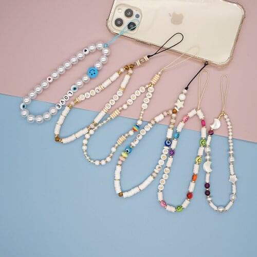 Go2Boho New White Phone Case Chain Strap Mobile Lanyard Charm Pearls Telephone Jewelry Polymer Clay Beads Chains Accessories